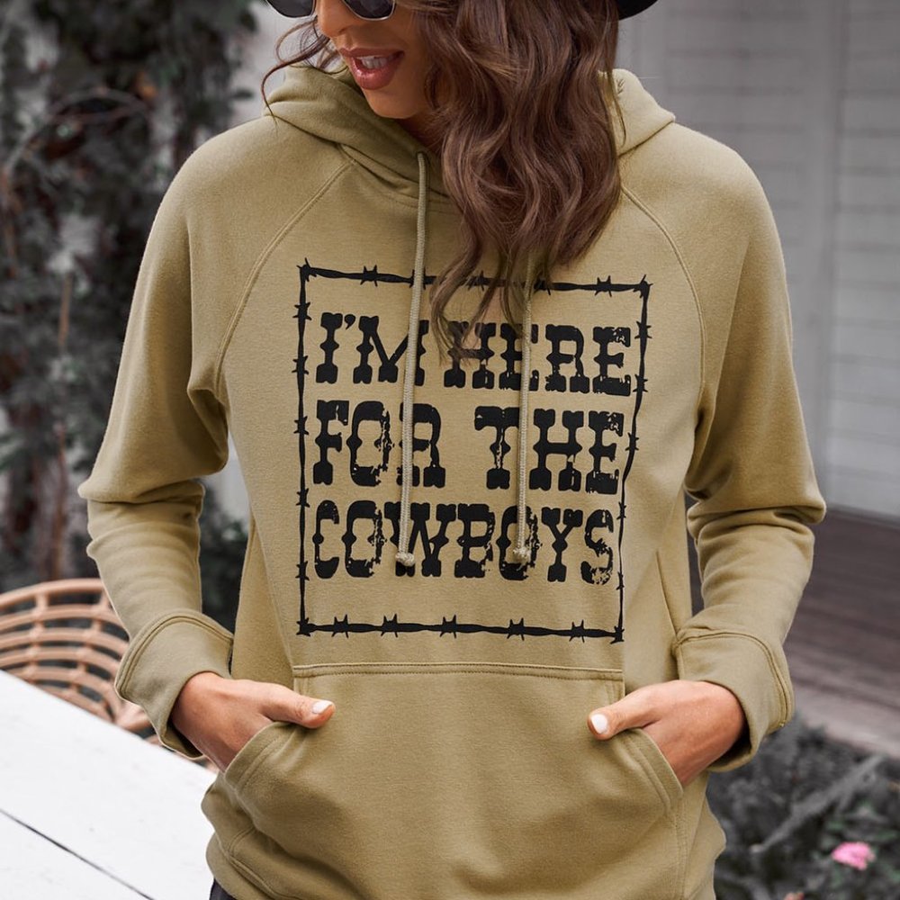 NEW |Graphic Sweatshirt Hoodie| I'm Here for the Cowboys | Khaki Color| Pocket